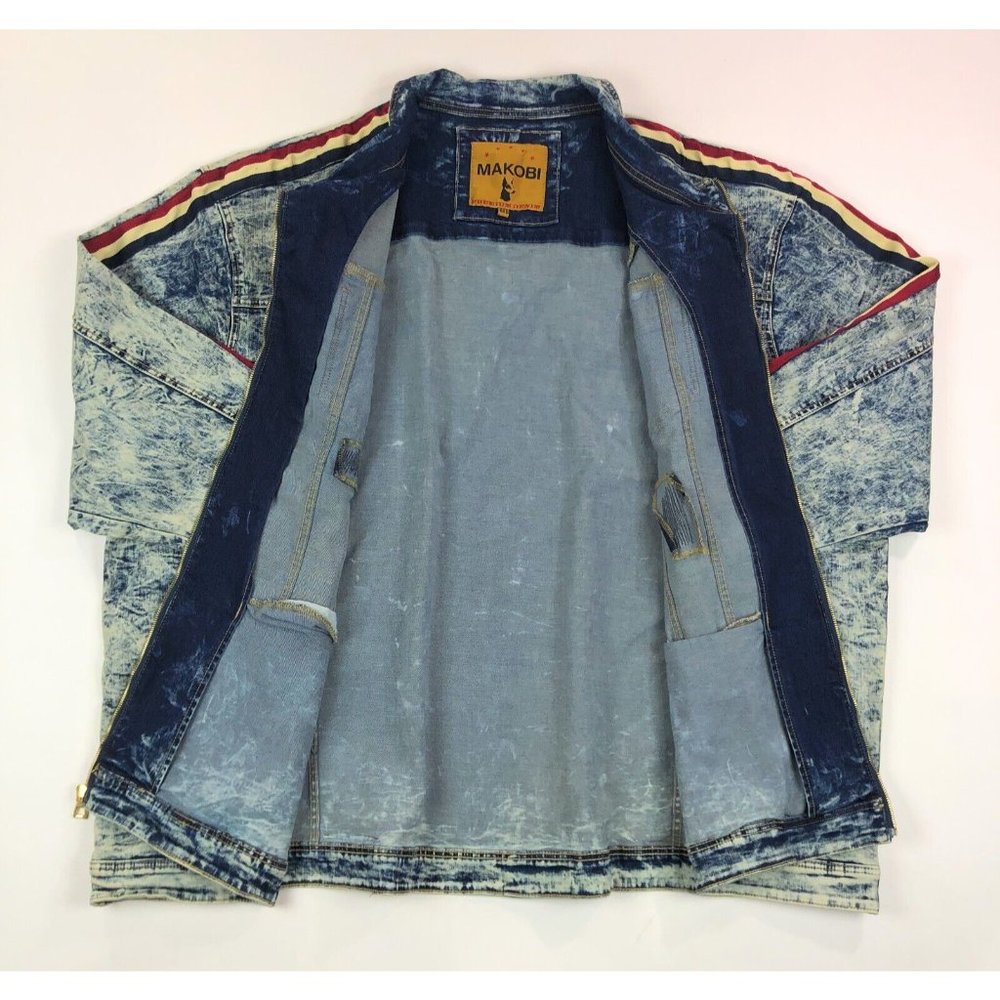 Makobi Mens 6XB Acid Wash Blue Denim Jean Track Jacket Distressed Faded Stripes - Picture 6 of 12